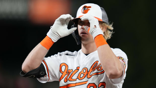 Sep 22, 2022; Baltimore, Maryland, USA; Baltimore Orioles outfielder Kyle Stowers (83) gestures after his single in the seventh inning against the Houston Astros at Oriole Park at Camden Yards. Mandatory Credit: Mitch Stringer-USA TODAY Sports